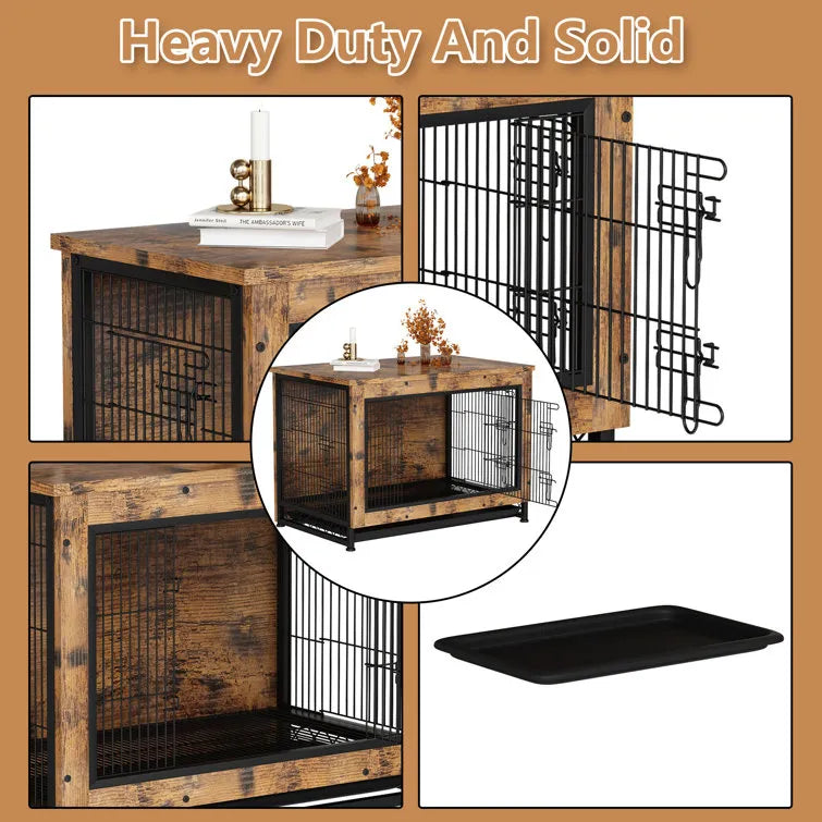 Industrial Style Rustic Brown Wooden Dog Kennel With Three Doors, Indoor Pet Furniture Dog Crate End Table