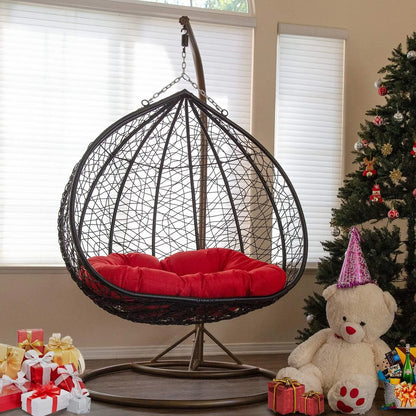 J.M.Deco Porch Swing Chair with Stand, Cushion & Pillow, Goldden Egg Rattan Wicker Swing Hanging Chair, Hammock Chair for Indoor, Outdoor, Garden, Backyard & Patio