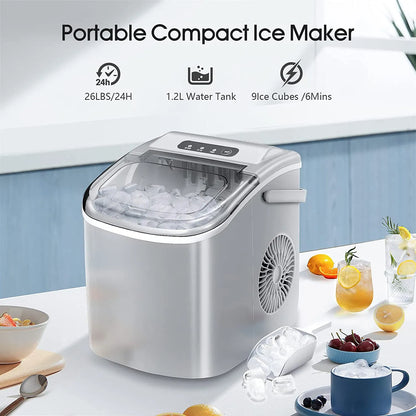 Ice Makers Countertop,Protable Ice Maker Machine with Handle,Self-Cleaning Ice Maker, 26Lbs/24H, 9 Ice Cubes Ready in 8 Mins, for Home/Office/Kitchen
