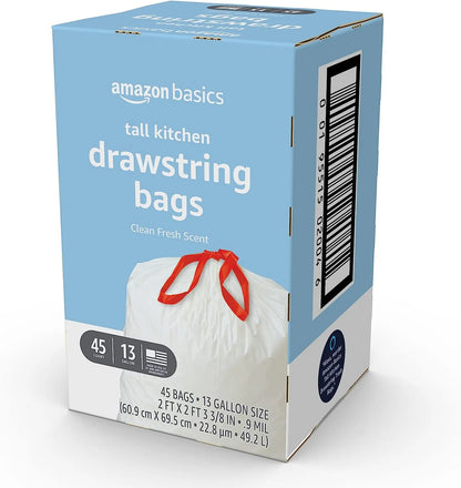 Basics Tall Kitchen Drawstring Trash Bags, 13 Gallon, Unscented, 120 Count (Previously Solimo)