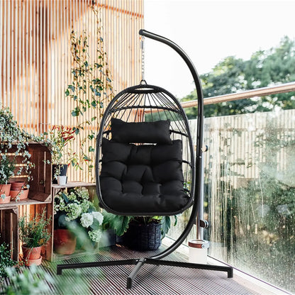 PRIVATE GARDEN Large Hanging Egg Chair with Stand Upgraded Wicker Egg Swing Chair Outdoor Indoor PE Rattan Hanging Chair with Grey Comfort Cushion Heavy Duty C-Stand