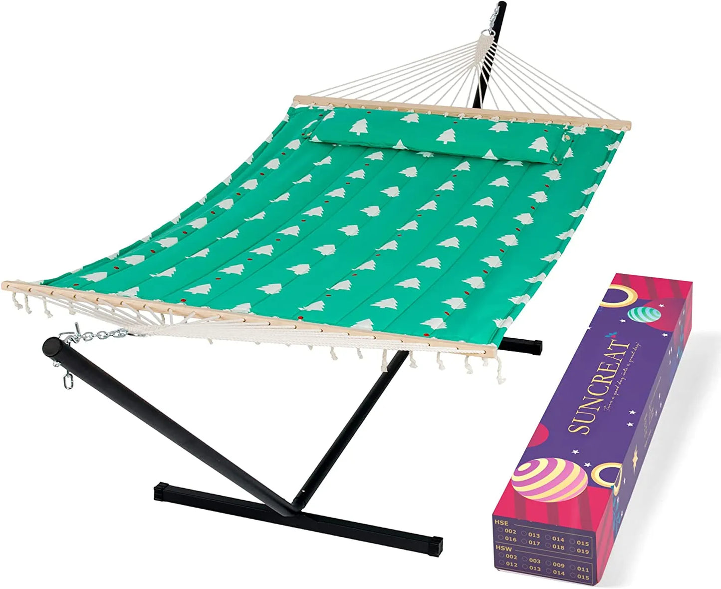 55 Inch Extra Large Double Hammock with Stand, 475lbs Capacity, Outdoor Portable Hammock with Hardwood Spreader Bar, Extra Large Pillow