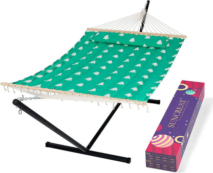 55 Inch Extra Large Double Hammock with Stand, 475lbs Capacity, Outdoor Portable Hammock with Hardwood Spreader Bar, Extra Large Pillow