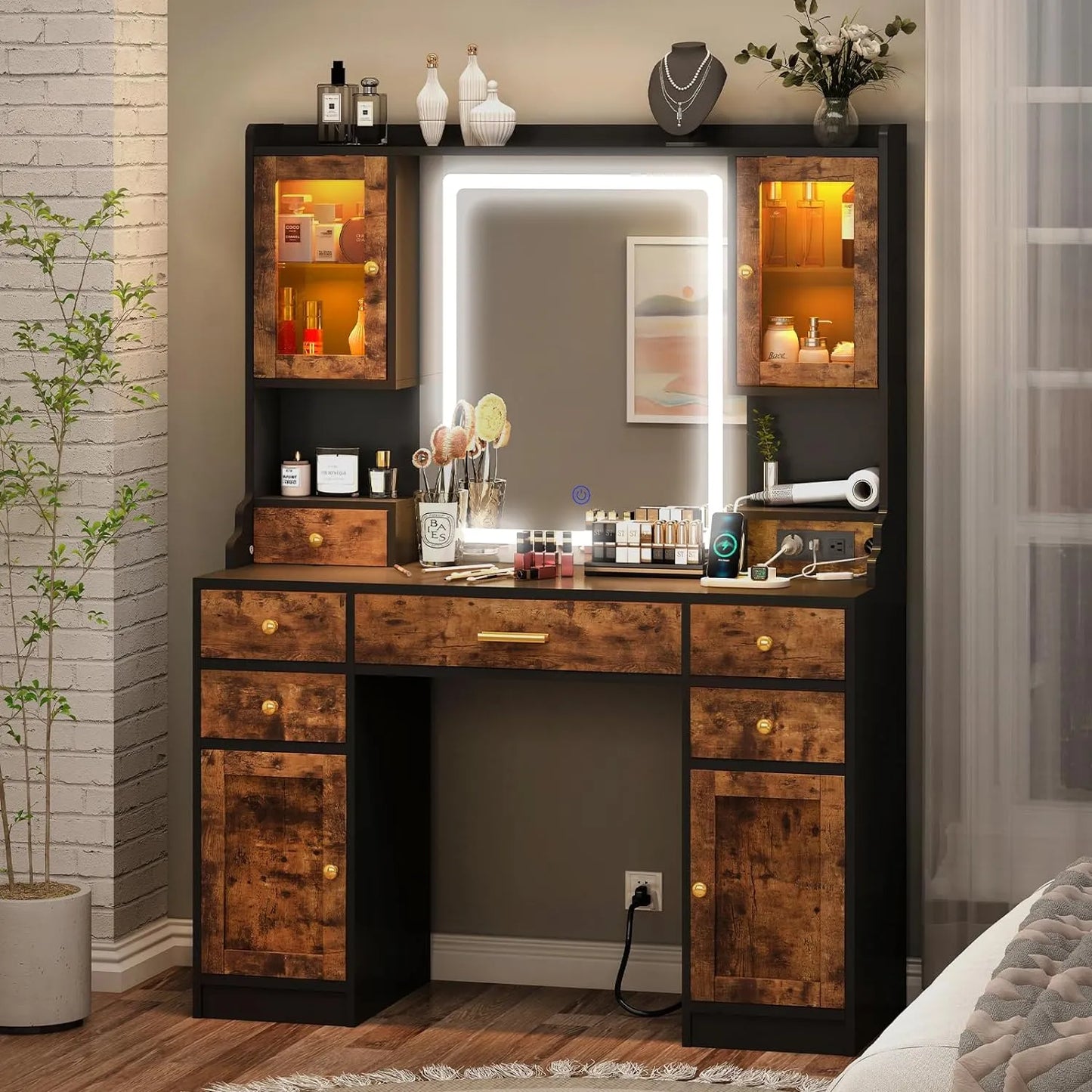 Dnxao Large Make up Vanity Desk with Mirror and Lights,3 Lights Mode and Brightness Adjusted by Touch Button, Built-in Power Strip and 6 Drawers,4 cabinets,2 cabinets with RGB Lights
