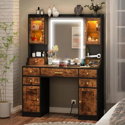 Dnxao Large Make up Vanity Desk with Mirror and Lights,3 Lights Mode and Brightness Adjusted by Touch Button, Built-in Power Strip and 6 Drawers,4 cabinets,2 cabinets with RGB Lights