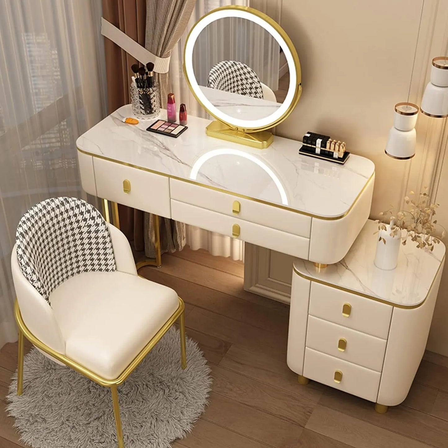 BUJOG Dressing Table with Lighted Mirror, Dressing Table with Padded Stool and 6 Drawers, Dressing Table Set with 3 Colour Lighting Modes, Storage Shelves for Girls and Women Bedrooms