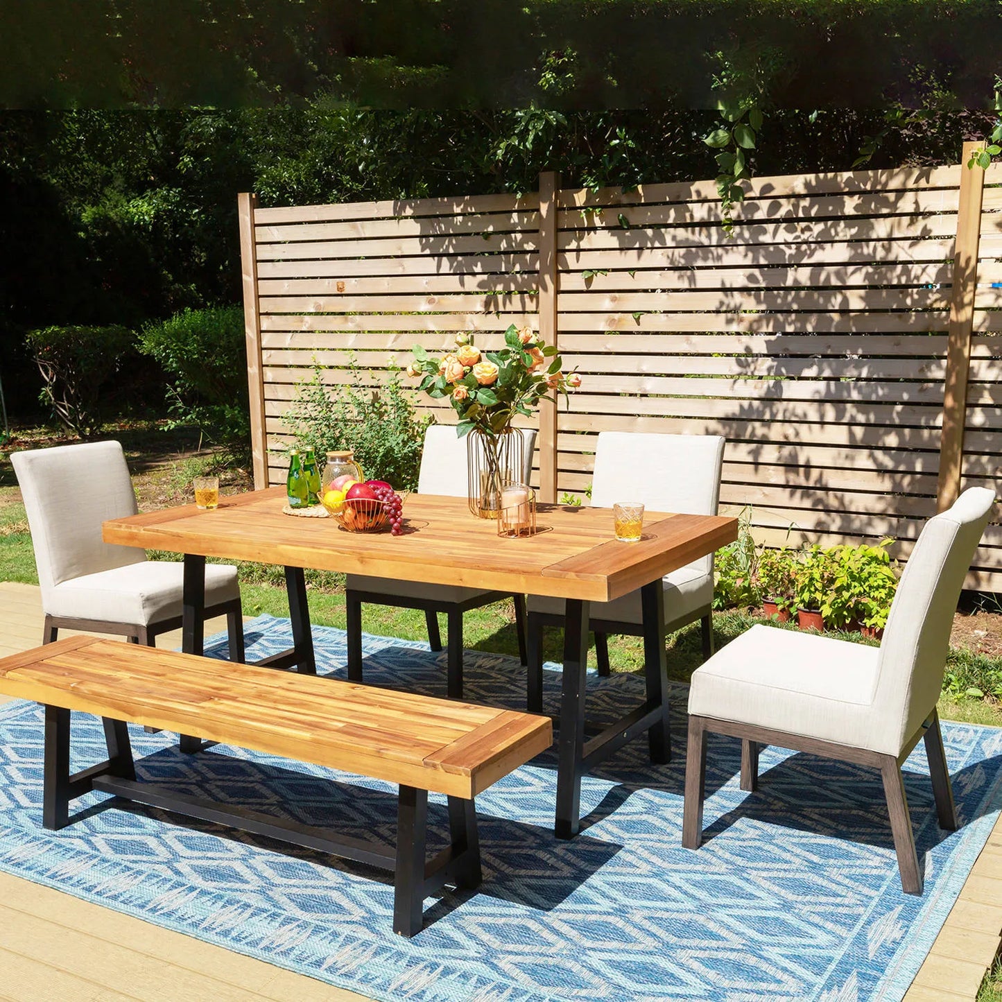 Patio Dining Set with Textilene Chairs/ Acacia Wooden Bench & Acacia Wooden Table