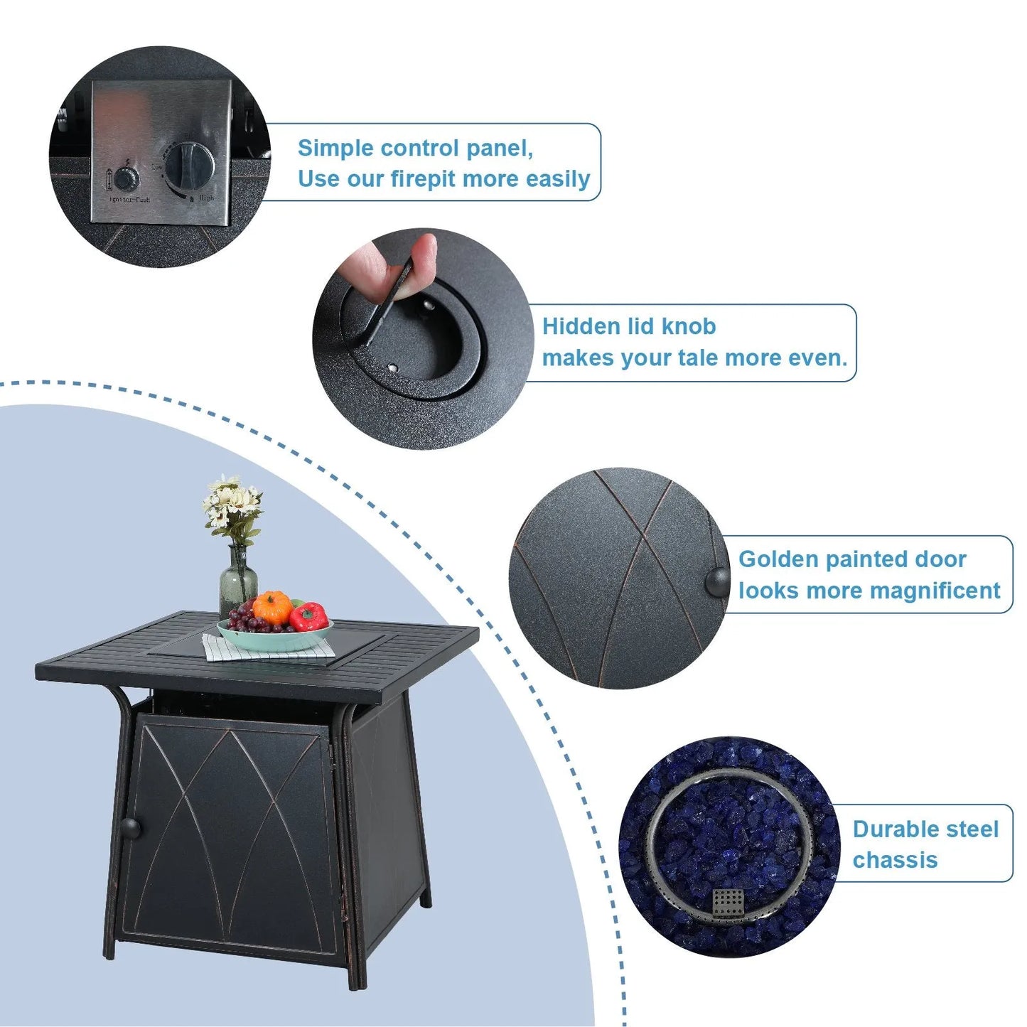 5-Piece Patio Fire Pit Set Steel Swivel Chairs With Cushions & 50,000BTU Square Fire Pit Table