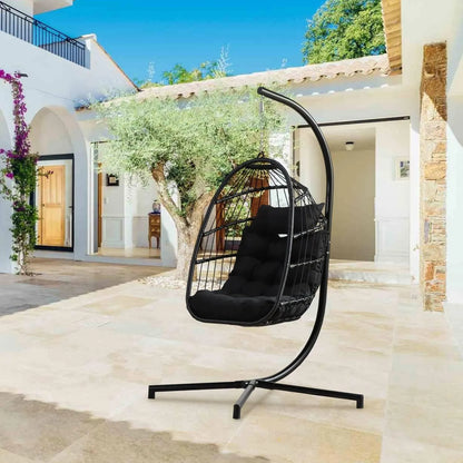 PRIVATE GARDEN Large Hanging Egg Chair with Stand Upgraded Wicker Egg Swing Chair Outdoor Indoor PE Rattan Hanging Chair with Grey Comfort Cushion Heavy Duty C-Stand