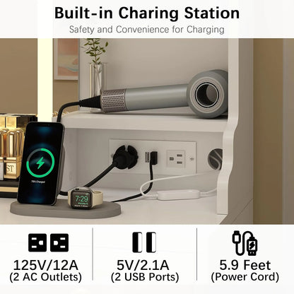 Dnxao Large Make up Vanity Desk with Mirror and Lights,3 Lights Mode and Brightness Adjusted by Touch Button, Built-in Power Strip and 6 Drawers,4 cabinets,2 cabinets with RGB Lights