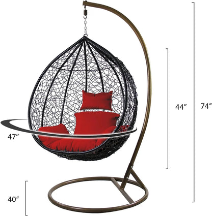 J.M.Deco Porch Swing Chair with Stand, Cushion & Pillow, Goldden Egg Rattan Wicker Swing Hanging Chair, Hammock Chair for Indoor, Outdoor, Garden, Backyard & Patio