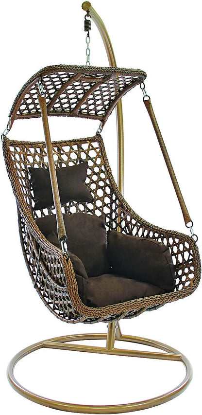 J.M.Deco Porch Swing Chair with Stand, Cushion & Pillow, Goldden Egg Rattan Wicker Swing Hanging Chair, Hammock Chair for Indoor, Outdoor, Garden, Backyard & Patio