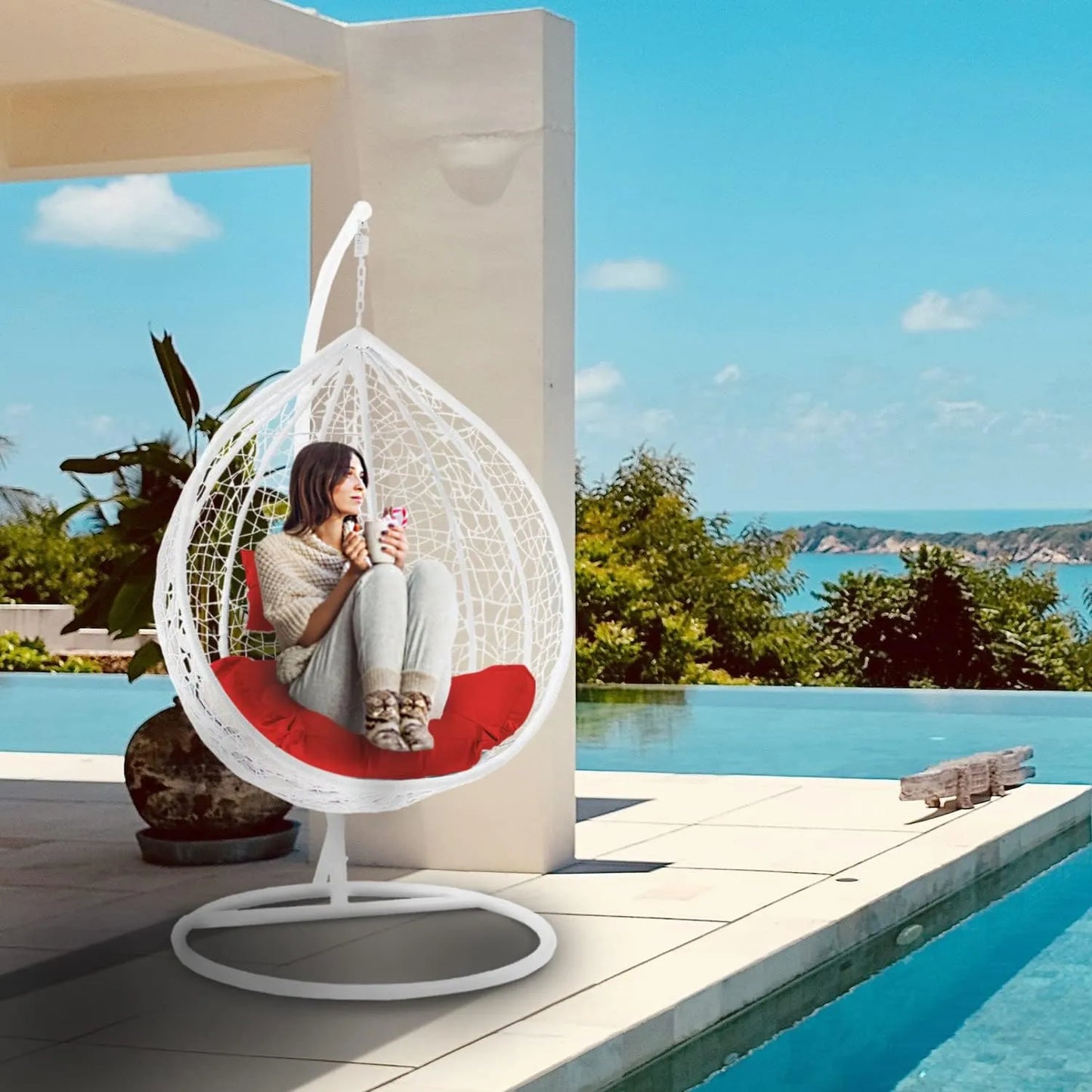 J.M.Deco Porch Swing Chair with Stand, Cushion & Pillow, Goldden Egg Rattan Wicker Swing Hanging Chair, Hammock Chair for Indoor, Outdoor, Garden, Backyard & Patio