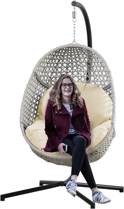 PRIVATE GARDEN Large Hanging Egg Chair with Stand Upgraded Wicker Egg Swing Chair Outdoor Indoor PE Rattan Hanging Chair with Grey Comfort Cushion Heavy Duty C-Stand