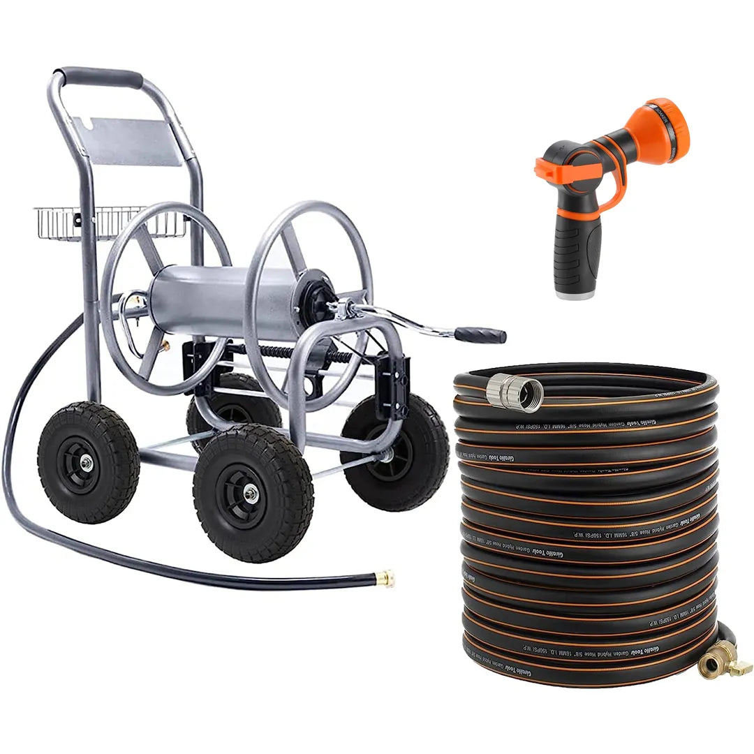 Hose Reel Cart, Hose Reel Cart with Wheels Heavy Duty, Industrial Hose Reels for Outside, 250-Feet of 5/8" Hose Capacity, Hose Guide Installed