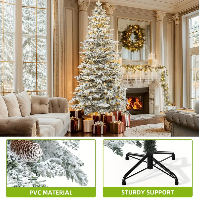 🔥🔥Dextrus 9FT Pre- Lit Snow- Flocked Mountain Pine Artificial Christmas Tree, Pre- Decorated with 1818 Branch Tips, 820 LED Lights, and 80 Pinecones for Holiday Home and Party Decorations