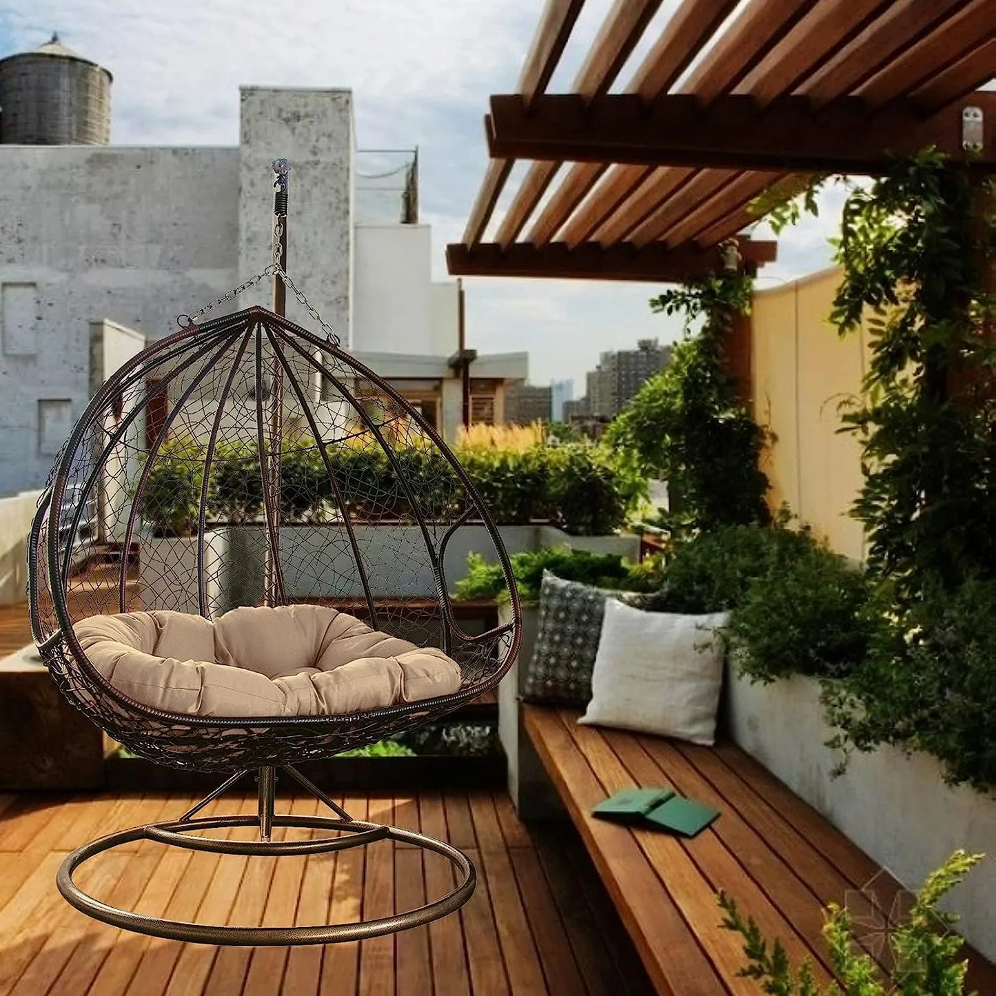 J.M.Deco Porch Swing Chair with Stand, Cushion & Pillow, Goldden Egg Rattan Wicker Swing Hanging Chair, Hammock Chair for Indoor, Outdoor, Garden, Backyard & Patio