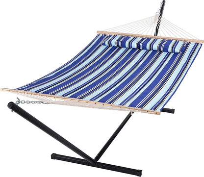 55 Inch Extra Large Double Hammock with Stand, 475lbs Capacity, Outdoor Portable Hammock with Hardwood Spreader Bar, Extra Large Pillow
