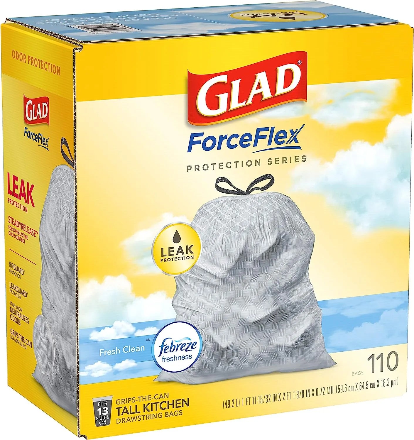 Glad Protection Series Force Flex Drawstring Fresh Clean Odor Shield 13 Gallon 1/110ct