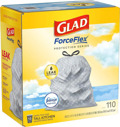 Glad Protection Series Force Flex Drawstring Fresh Clean Odor Shield 13 Gallon 1/110ct