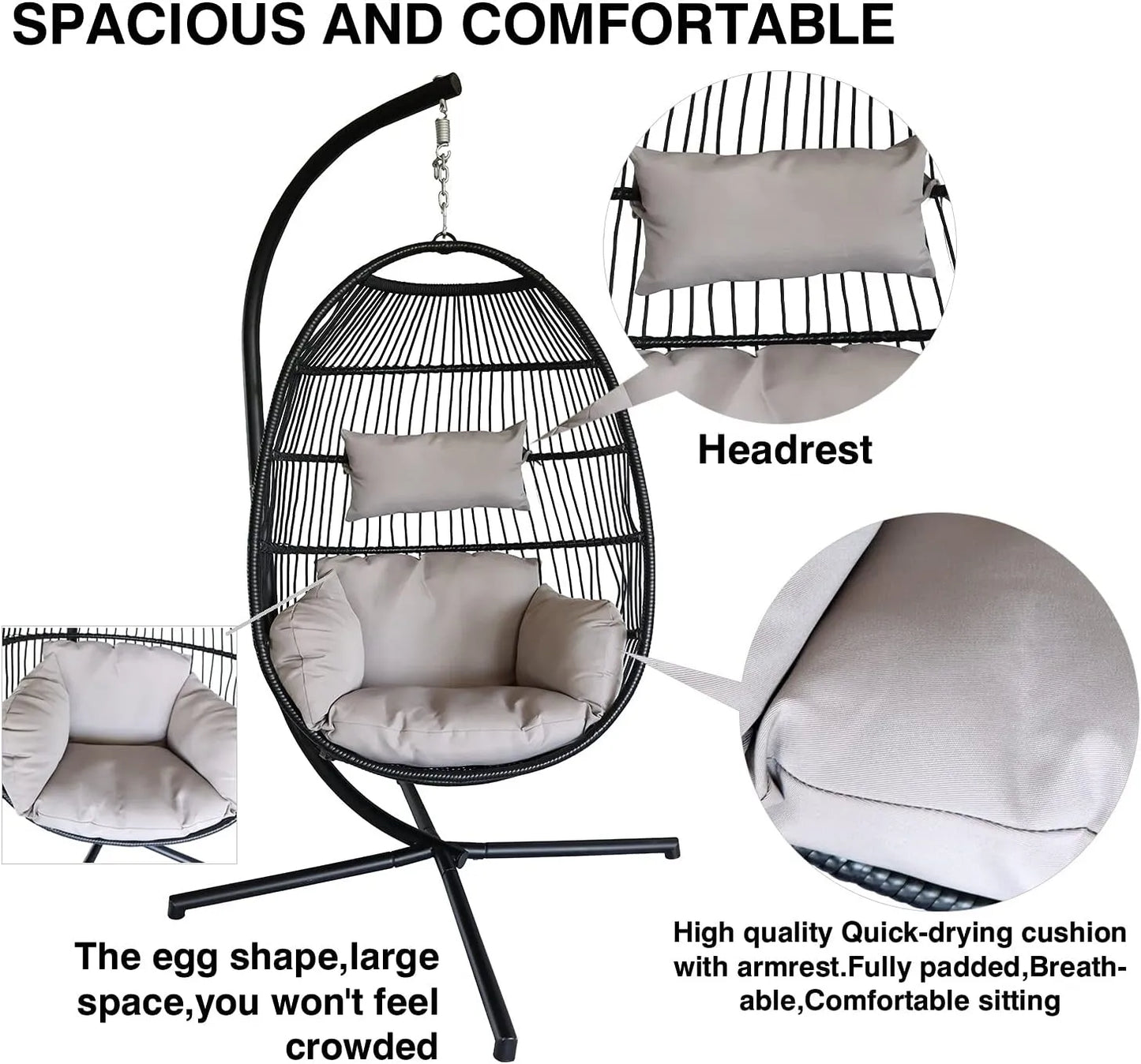 PRIVATE GARDEN Indoor Outdoor Hammock Egg Chair with Stand Large Hanging Chair Wicker Rattan Swing Chair with Removable Cushion 330LBS Capacity for Bedroom Patio Balcony