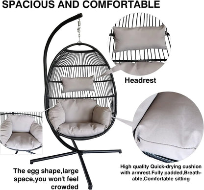 PRIVATE GARDEN Indoor Outdoor Hammock Egg Chair with Stand Large Hanging Chair Wicker Rattan Swing Chair with Removable Cushion 330LBS Capacity for Bedroom Patio Balcony