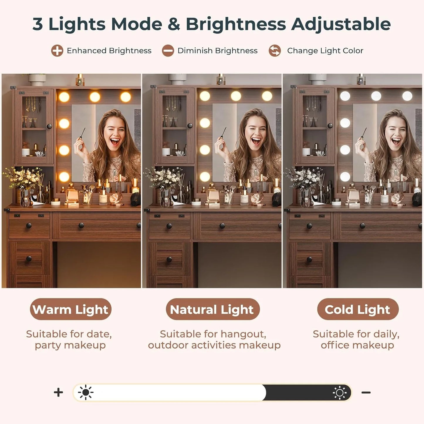 DICTAC Farmhouse Makeup Vanity Desk with Mirror and Lights, Large Vanity Table with Charging Station, 43'' Bedroom Dressing Table with 6 Drawers & 2 Cabinets, 3 Color Lighting Modes, Brown