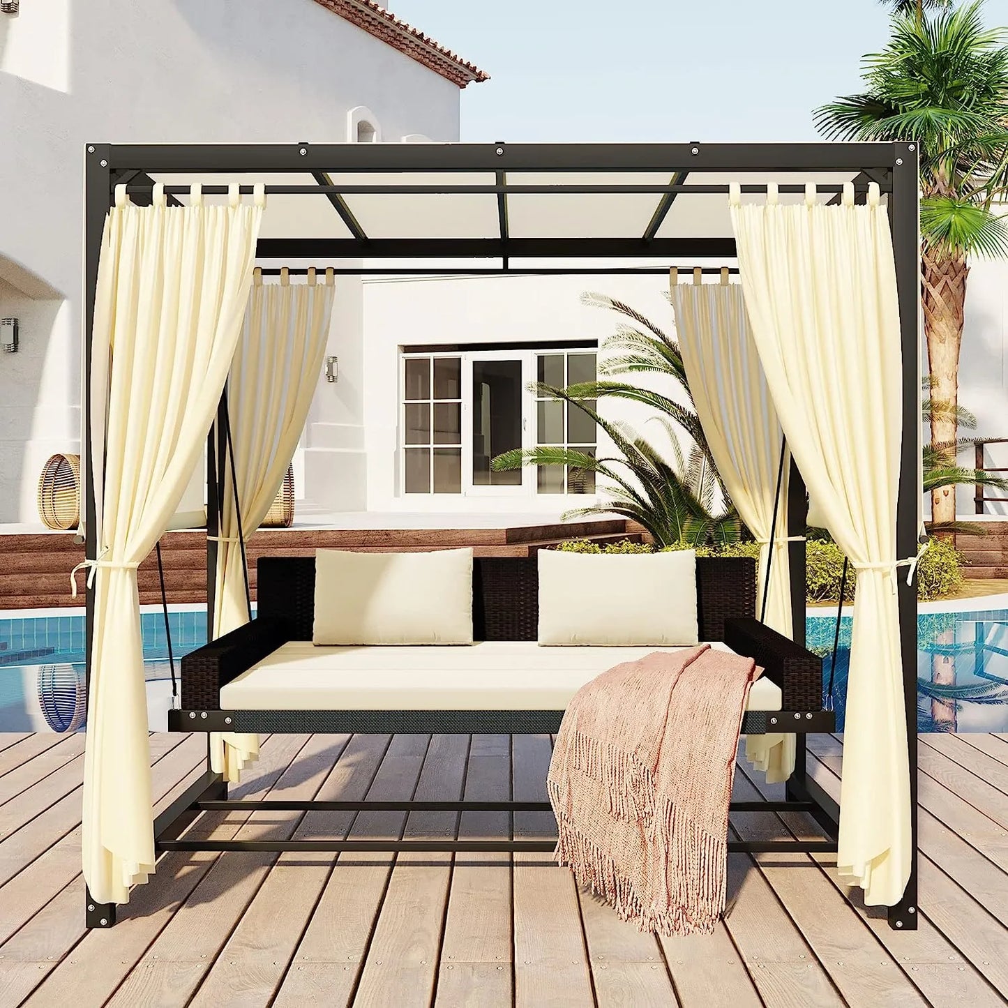 Merax 3-Seat Patio Swing Bed,Outdoor Porch Chair with Adjustable Canopy and Durable Steel Frame for Patio, Garden, Poolside Dark Grey