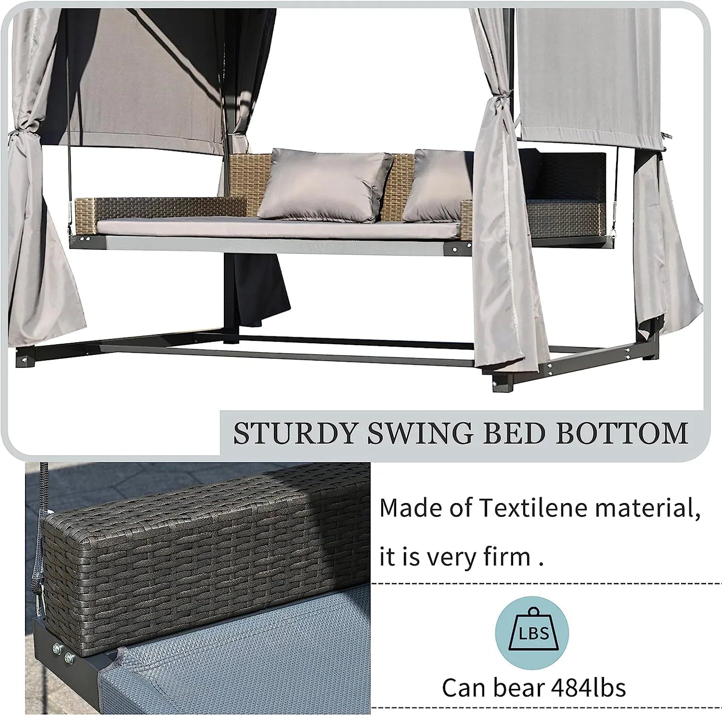 Merax 3-Seat Patio Swing Bed,Outdoor Porch Chair with Adjustable Canopy and Durable Steel Frame for Patio, Garden, Poolside Dark Grey