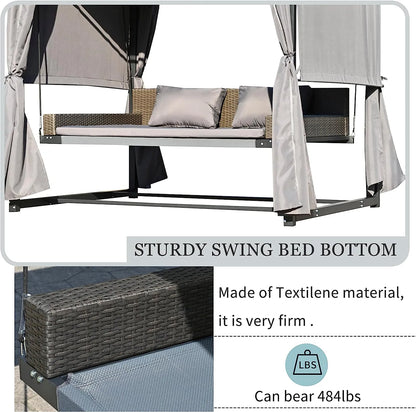 Merax 3-Seat Patio Swing Bed,Outdoor Porch Chair with Adjustable Canopy and Durable Steel Frame for Patio, Garden, Poolside Dark Grey