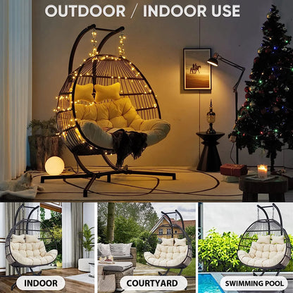 JOYBASE Hanging Egg Chair with Stand, Outdoor Wicker Rattan Egg Swing Chair with Stand and Cushion for Indoor Outdoor Bedroom Patio Garden (Grey/Black)