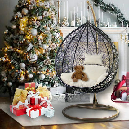 J.M.Deco Porch Swing Chair with Stand, Cushion & Pillow, Goldden Egg Rattan Wicker Swing Hanging Chair, Hammock Chair for Indoor, Outdoor, Garden, Backyard & Patio