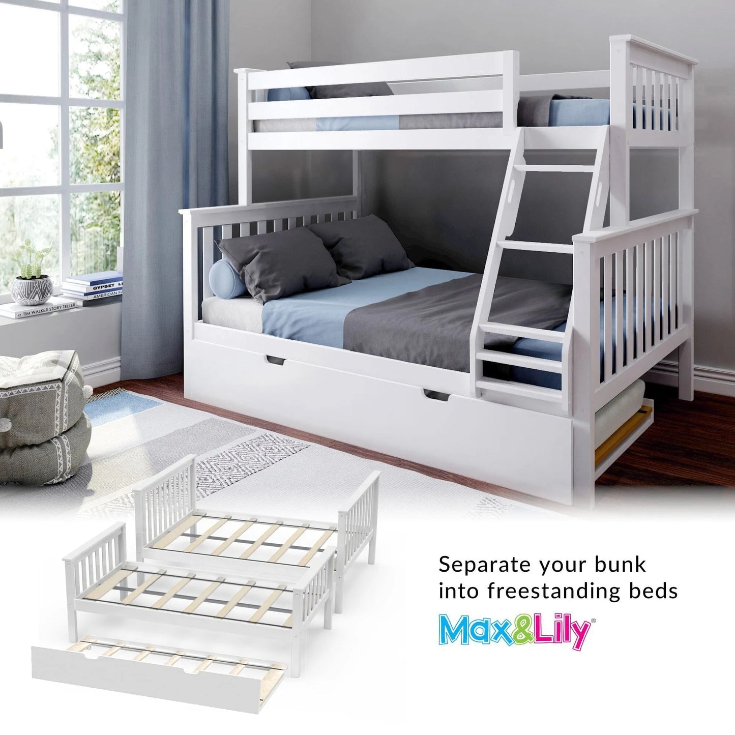 &#127876;Store Closing Sale&#128150;Kids Solid Wood Twin-Over-Full Bunk Bed + Trundle Bed
