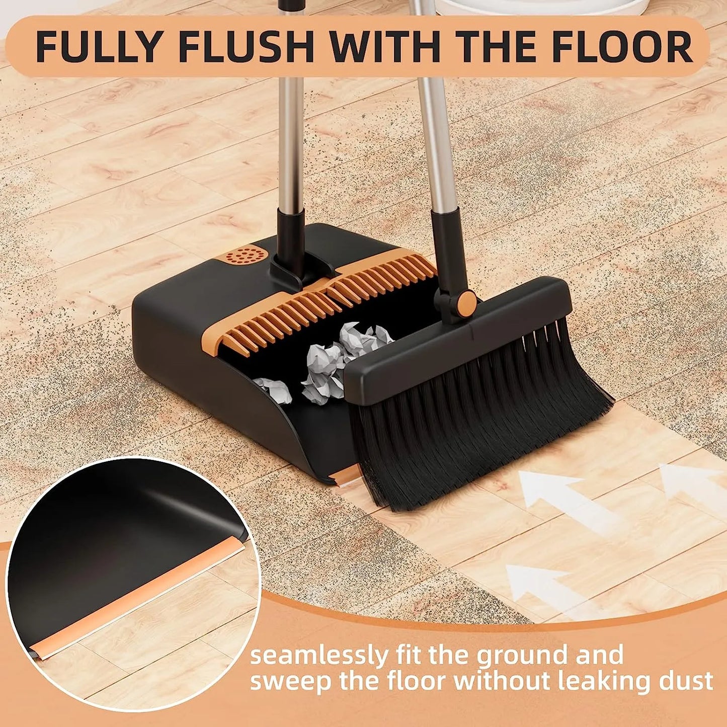 Broom and Dustpan Set, Cleaning Supplies Broom and Dustpan Set for Home, 48" Long Stainless Steel Handle Brooms with Upright Dustpan Combo Set for Home Office Kitchen Lobby Floor Cleaning