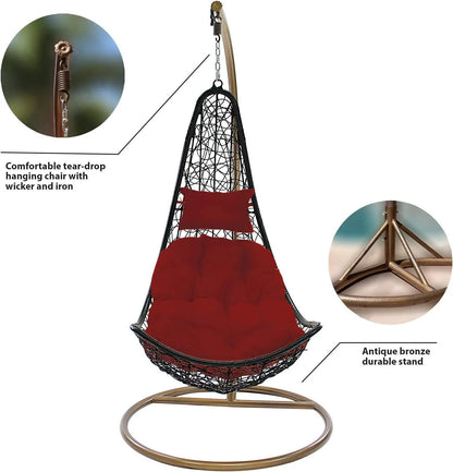 J.M.Deco Porch Swing Chair with Stand, Cushion & Pillow, Goldden Egg Rattan Wicker Swing Hanging Chair, Hammock Chair for Indoor, Outdoor, Garden, Backyard & Patio