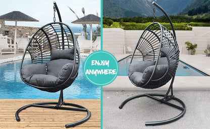 JOYBASE Hanging Egg Chair with Stand, Outdoor Wicker Rattan Egg Swing Chair with Stand and Cushion for Indoor Outdoor Bedroom Patio Garden (Grey/Black)