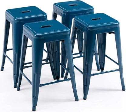 24 Inch Metal Bar stools, Backless Counter Height Barstools, Indoor Outdoor Stackable Stools with Square Seat