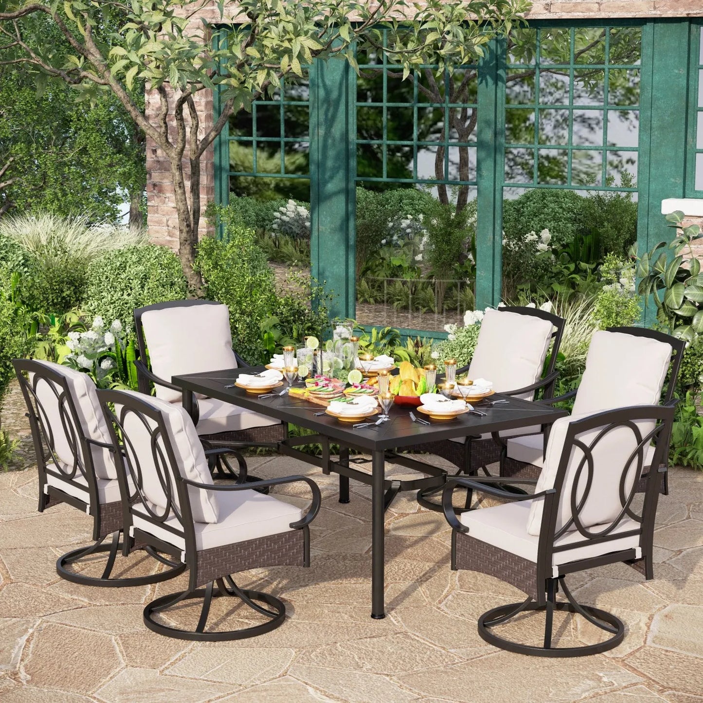 7-Piece Patio Dining Set With 6 Cushioned Steel & Rattan Chairs and Rectangle Table