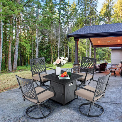 5-Piece Patio Fire Pit Set Steel Swivel Chairs With Cushions & 50,000BTU Square Fire Pit Table
