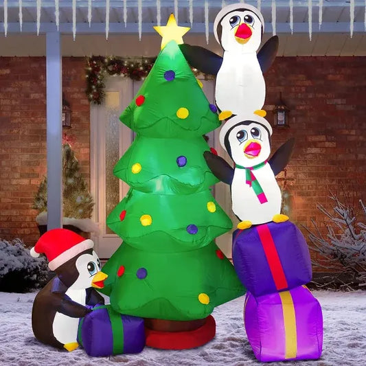 8ft Inflatable LED Penguins Decorating Tree