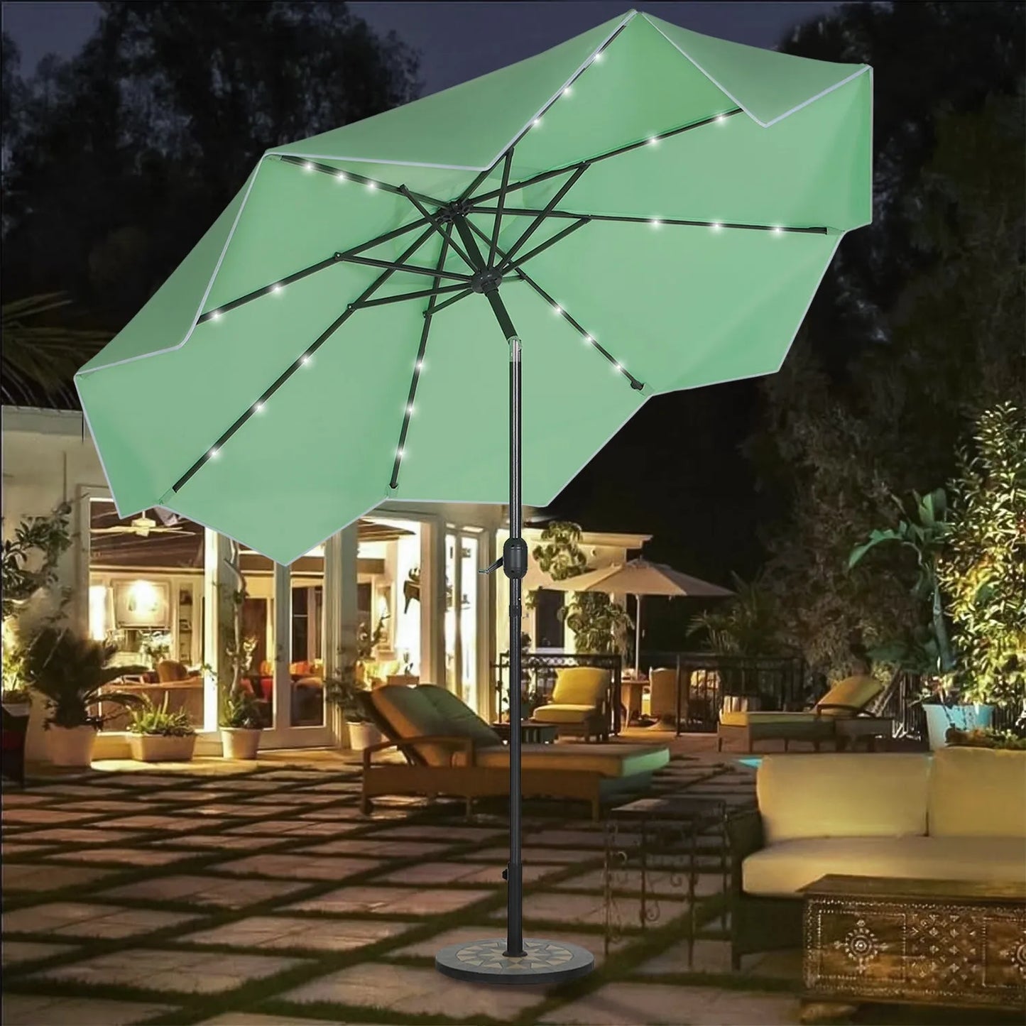 9/10ft Crank Open Patio Umbrella With 24 LED Lights & Ruffles