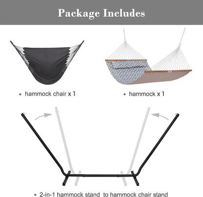 55 Inch Extra Large Double Hammock with Stand, 475lbs Capacity, Outdoor Portable Hammock with Hardwood Spreader Bar, Extra Large Pillow