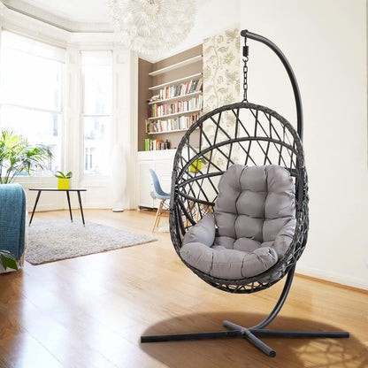 PRIVATE GARDEN Large Hanging Egg Chair with Stand Upgraded Wicker Egg Swing Chair Outdoor Indoor PE Rattan Hanging Chair with Grey Comfort Cushion Heavy Duty C-Stand