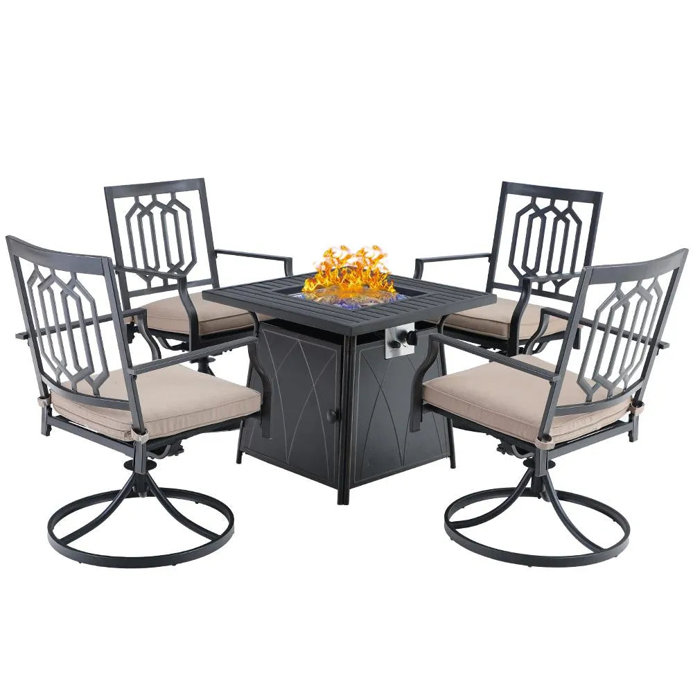 5-Piece Patio Fire Pit Set Steel Swivel Chairs With Cushions & 50,000BTU Square Fire Pit Table