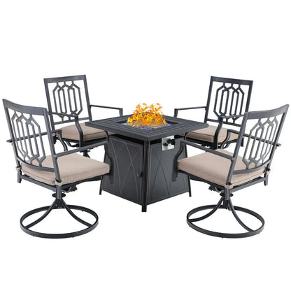 5-Piece Patio Fire Pit Set Steel Swivel Chairs With Cushions & 50,000BTU Square Fire Pit Table