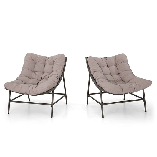2-Piece Rattan Papasan Lounge Chair with Thick Cushions