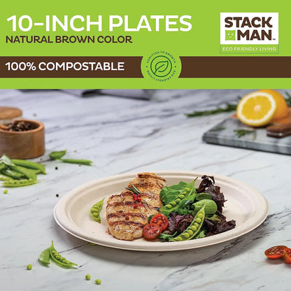 100% Compostable Paper Plates 9 Inch [500 Count] Heavy-Duty Dinner Plates - Natural Brown Color Unbleached Bagasse - Eco-Friendly Disposable Biodegradable Sugarcane Plates - [Bulk Case 4/125 Pack]