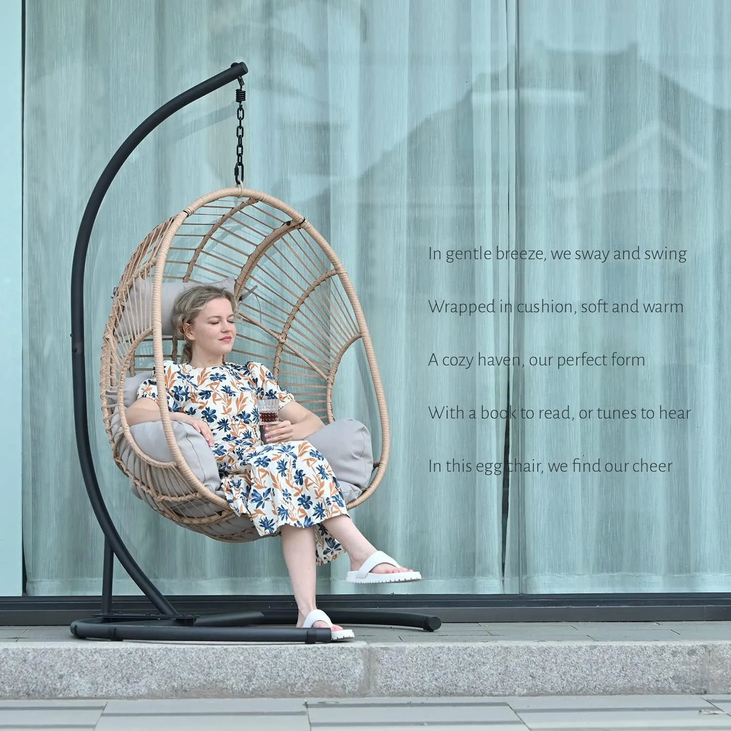 JOYBASE Hanging Egg Chair with Stand, Outdoor Wicker Rattan Egg Swing Chair with Stand and Cushion for Indoor Outdoor Bedroom Patio Garden (Grey/Black)