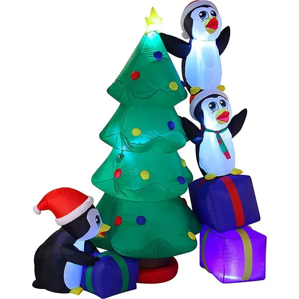8ft Inflatable LED Penguins Decorating Tree