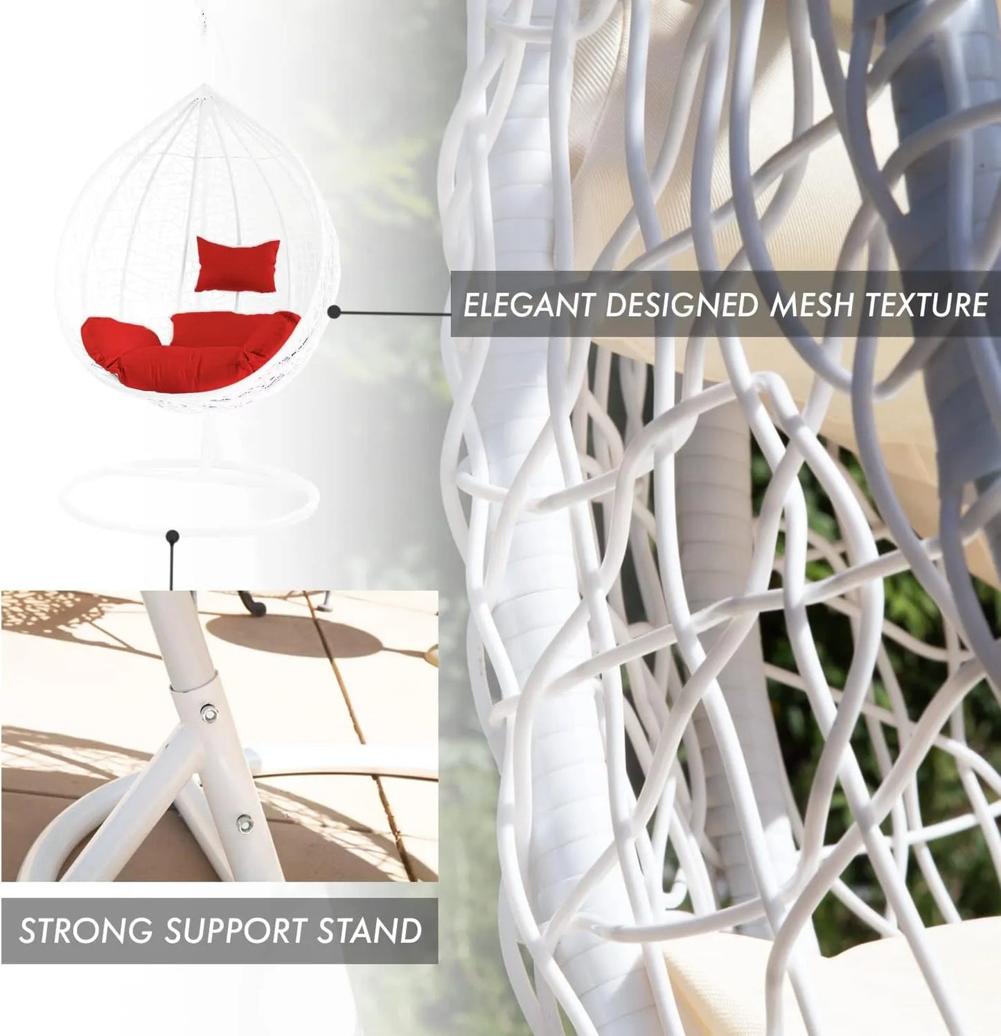 J.M.Deco Porch Swing Chair with Stand, Cushion & Pillow, Goldden Egg Rattan Wicker Swing Hanging Chair, Hammock Chair for Indoor, Outdoor, Garden, Backyard & Patio